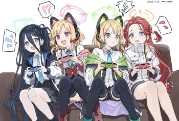 ! !! !? 4girls :d absurdres animal_ear_headphones animal_ears aris_(blue_archive) artist_name black_hair black_thighhighs blonde_hair blue_archive blue_eyes blue_halo blue_necktie cat_ear_headphones cat_ears collared_shirt commentary_request controller dated fake_animal_ears flying_sweatdrops game_controller game_development_department_(blue_archive) green_eyes green_halo green_shoes hair_between_eyes halo headphones highres holding holding_controller holding_game_controller jacket midori_(blue_archive) millennium_science_school_logo momoi_(blue_archive) multiple_girls necktie open_mouth orange_halo oto_jampan pink_eyes pink_halo pleated_skirt red_hair ringed_eyes shirt shoes siblings sisters skirt smile spoken_exclamation_mark spoken_flying_sweatdrops spoken_interrobang spoken_notice_lines thighhighs twins white_jacket white_shirt yuzu_(blue_archive)