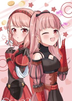 2girls absurdres armor blunt_bangs braid breasts cleavage crown_braid earrings fire_emblem fire_emblem:_three_houses fire_emblem_engage grey_hairband hair_ribbon hairband highres hilda_valentine_goneril hilda_valentine_goneril_(timeskip) hoop_earrings jewelry lapis_(fire_emblem) long_hair looking_at_viewer medium_breasts multiple_girls nintendo pink_eyes pink_hair red_armor ribbon side_braid tokuh_(toku_h_) twintails two-tone_hairband white_ribbon