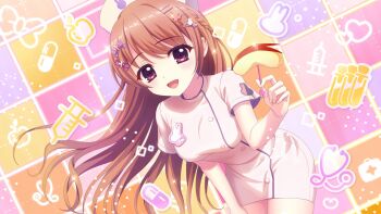 1girl animal_print apple apple_rabbit bent_over blush bow braid breasts brown_hair cowboy_shot dot_nose film_grain first_aid_kit food food_art fruit game_cg hair_ornament hairclip hat holding holding_skewer izumi_tsubasu long_hair looking_at_viewer medium_breasts mizushino_tamaki non-web_source nurse nurse_cap official_art open_mouth pill print_headwear purple_eyes rabbit_print re:stage! single_braid skewer smile solo stethoscope syringe test_tube