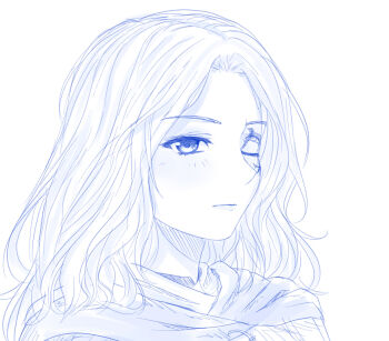 1girl blue_theme cloak closed_mouth elden_ring facial_tattoo hatching_(texture) highres light_blush lineart looking_at_viewer medium_hair melina_(elden_ring) monochrome one_eye_closed parted_bangs portrait solo tattoo viperxtr