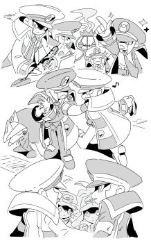 Rule 34 | 1girl, 3boys, brothers, chandelure, collared coat, commentary request, emmet (pokemon), excadrill, gen 5 pokemon, greyscale, highres, hilbert (pokemon), hilda (pokemon), ingo (pokemon), kari (user grrs8577), long sleeves, looking at another, male focus, monochrome, multiple boys, multiple views, musical note, necktie, nintendo, outstretched arm, pokemon, pokemon bw, siblings, twins, writing