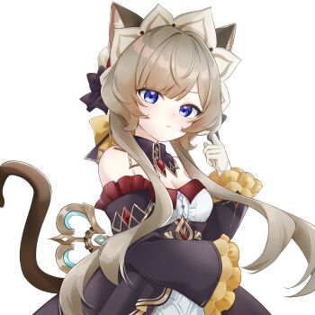 1girl absurdres animal_ear_fluff animal_ears bare_shoulders black_sleeves blue_eyes breasts brown_hair cat_ears cat_tail cleavage closed_mouth commentary_request detached_sleeves from_side frown genshin_impact gloves hand_up highres iroha_(mimi0618xx) kemonomimi_mode long_sleeves looking_at_viewer looking_to_the_side medium_breasts sandrone_(genshin_impact) short_hair_with_long_locks simple_background solo tail twitter_username white_background white_gloves