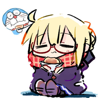 1boy 1girl :i :t artoria_pendragon_(fate) bell blonde_hair blue_skirt blush braid brown-framed_eyewear brown_shoes chibi closed_eyes closed_mouth colored_shadow commentary_request crossover doraemon doraemon_(character) eating fate/grand_order fate_(series) food glasses hair_between_eyes hair_bun holding holding_food jacket jingle_bell kasuga_yuuki mysterious_heroine_x_alter_(fate) neck_bell purple_jacket semi-rimless_eyewear shadow shoe_soles shoes simple_background skirt under-rim_eyewear wavy_mouth white_background