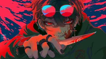 1boy aegyo_sal black_hair black_hoodie blue_sky crossed_bangs double-parted_bangs eyewear_on_head green_hoodie grin hair_between_eyes holding holding_knife hood hood_down hood_up hoodie jewelry knife limited_palette looking_at_viewer male_focus multiple_rings original outdoors red-tinted_eyewear red_clouds red_eyes ring sharp_teeth short_hair sidelighting sky smile solo teeth tinted_eyewear wormudon