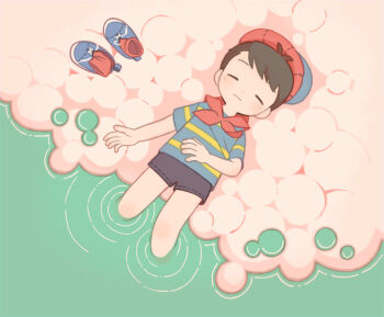 1boy baseball_cap black_hair blue_shoes blush closed_eyes closed_mouth commentary_request from_above full_body hat highres magicant male_focus mother_(series) mother_1 neckerchief ninten nintendo red_hat red_neckerchief red_socks ripples shirt shoes soaking_feet socks solo striped_clothes striped_shirt tanba_(tanba-art) unworn_shoes