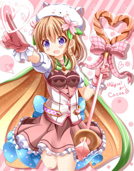 Rule 34 | 1girl, blush, bow, bowtie, brown hair, cloak, flower, flower ornament, frilled skirt, frills, gem, gloves, gochuumon wa usagi desu ka?, hair flower, hair ornament, highres, holding, holding staff, hoto cocoa, magical girl, open mouth, pink gem, purple eyes, skirt, smile, staff, tippy (gochiusa), xenon (for achieve)