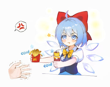 Rule 34 | 1girl, 1other, :3, ahoge, anger vein, blue eyes, blue hair, blue skirt, blue vest, bow, bowtie, cirno, closed mouth, collared shirt, commentary, cryokinesis, eating, food, food in mouth, french fries, hair bow, highres, holding, holding food, mcdonald's, puffy short sleeves, puffy sleeves, red bow, shirt, short hair, short sleeves, simple background, siyumu, skirt, snowflakes, spoken anger vein, touhou, trembling, v-shaped eyebrows, vest, white background, white shirt, wings, yellow bow, yellow bowtie
