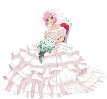 1girl artist_request bouquet breasts bridal_veil chair cleavage dress estellise_sidos_heurassein estellise_sidos_heurassein_(wedding) finger_to_mouth flower full_body game_asset gem gloves green_eyes hair_flower hair_ornament highres holding holding_bouquet jewelry light_blush looking_at_viewer official_alternate_costume official_art on_chair open_mouth pendant pink_dress pink_flower pink_gem pink_gloves pink_hair short_hair simple_background sitting smile solo tales_of_(series) tales_of_asteria tales_of_vesperia third-party_source transparent_background veil wedding_dress white_dress white_flower white_gloves