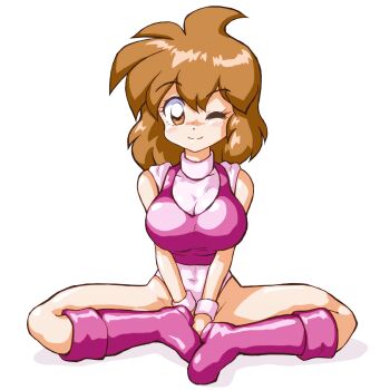 Rule 34 | 1girl, ;), arms between legs, bare arms, bare legs, boots, breasts, brown eyes, brown hair, butterfly sitting, cleavage, closed mouth, commentary request, covered collarbone, covered navel, crop top, dance dance, dot nose, full body, hair between eyes, heattech leotard, highleg, highleg leotard, highres, knee boots, large breasts, leotard, looking at viewer, macla, medium hair, one eye closed, pink boots, pink leotard, pink shirt, remi (dance dance), shiny skin, shirt, simple background, sitting, smile, solo, straight-on, turtleneck, white background, wristband