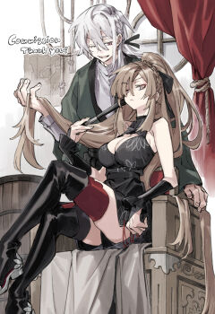 1boy 1girl bare_shoulders barrel black_boots black_ribbon boots braid breasts chair closed_mouth commission crown_braid dress grey_hair hair_between_eyes hair_over_one_eye hair_ribbon hand_fan hand_in_another&#039;s_hair highres holding large_breasts long_hair long_sleeves map_(object) one_eye_closed open_mouth original red_thighhighs ribbon rope sasako_mitomo sitting skeb_commission sleeveless sleeveless_dress thigh_boots thighhighs very_long_hair window