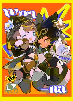 2girls :< absurdres animal_ear_hood animal_ears animal_hood arknights birdy44982 black_hair black_jacket black_shoes black_shorts black_thighhighs blue_eyes blunt_bangs border brown_hair brown_tail cat_ears cat_girl cat_hood cat_tail chibi chibi_only chinese_commentary commentary commentary_request ears_under_headwear english_commentary fake_animal_ears flower full_body head_chain heart highres hood hood_up hooded_jacket jacket jewelry long_hair long_sleeves looking_at_viewer mixed-language_commentary multiple_girls one_eye_closed open_mouth orange_background paw_pose pepe_(arknights) scarab shoes shorts smile song_name speech_bubble standing tail tail_ornament tail_ring thighhighs titi_(arknights) white_flower yellow_border yellow_eyes