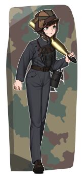 1girl absurdres belt boots brown_eyes brown_hair camouflage_background combat_helmet cross face_mask fist german_empire germany helmet highres imperial_german_army iron_cross looking_away looking_to_the_side mask military military_uniform original pzkpfwi short_hair stahlhelm tank_shell teeth world_war_i