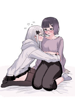 2girls absurdres black_pants black_skirt black_thighhighs blue_eyes blush commentary_request earrings glasses grey_eyes grey_hair heart highres hood hoodie hug hug_from_side jewelry mole mole_under_eye multiple_girls open_mouth original pants parted_lips purple_hair purple_shirt shirt short_hair skirt ssrbonknow stud_earrings sweat thighhighs white_hoodie yuri
