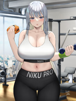 1girl bare_shoulders black_nails black_pants blue_eyes blush breasts burger burger_hair_ornament chewing city cleavage collarbone curvy dumbbell eating exercising eyebrows_hidden_by_hair food food-themed_hair_ornament gluteal_fold gym hair_ornament highres holding holding_food large_breasts long_hair mature_female midriff nail_polish navel oekakizuki original pants purple_eyes silver_hair sports_bra standing thick_thighs thigh_gap thighs weightlifting white_sports_bra wide_hips window wooden_floor wristband yoga_pants
