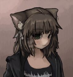 Rule 34 | 1girl, animal ear fluff, animal ears, black jacket, black shirt, brown background, brown hair, cat ears, cat girl, character request, commentary, copyright request, english commentary, green eyes, hair ribbon, highres, jacket, looking afar, messy hair, open clothes, open jacket, print shirt, ribbon, shirt, short hair, simple background, solo, upper body, white ribbon, zoolpal