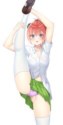 Rule 34 | 1girl, absurdres, black ribbon, blue eyes, breasts, brown footwear, butterfly hair ornament, collared shirt, commentary request, go-toubun no hanayome, green skirt, hair between eyes, hair ornament, hair ribbon, highres, looking at viewer, medium breasts, nakano nino, navel, open mouth, panties, pink hair, pink panties, pleated skirt, ribbon, school uniform, shirt, short hair, short sleeves, skirt, split, standing, standing on one leg, standing split, teto zz, thighhighs, underwear, white background, white shirt, white thighhighs