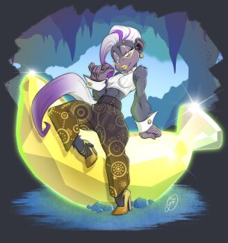 1girl artist_name breasts crystal cuff_links donkey_kong_(series) donkey_kong_bananza earrings furry furry_female gage_199x glasses high_heels highres jewelry midriff monkey_girl monkey_tail multicolored_hair nintendo pants piercing poppy_kong small_breasts smile tail thick_lips toned toned_female toned_stomach yellow_eyes