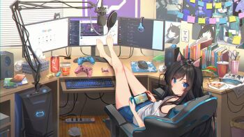1girl animal_crossing animal_ears black_hair blue_eyes breasts cable cat_ears computer crossed_legs desk discord electrical_outlet floor google headphones highres indoors computer_keyboard ku-ini legs_up long_hair looking_at_viewer microphone monitor computer_mouse multiple_monitors nintendo nintendo_switch original paw_print playing_games shirt short_shorts shorts sitting small_breasts soda solo speaker sticky_note swept_bangs t-shirt tattoo tissue_box trash_can twitch.tv used_tissue very_long_hair wooden_floor