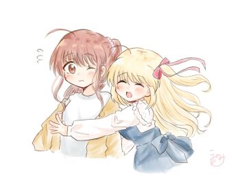 2girls :d ^_^ aged_up ahoge blonde_hair blue_dress blush bow brown_eyes brown_hair clip_studio_paint_(medium) closed_eyes closed_mouth commentary_request cowboy_shot cropped_torso dress floating_hair hair_bow hair_ornament hair_ribbon hair_scrunchie happy highres hug kamikita_komari konomi_(konomi00e) little_busters! multiple_girls natsume_rin official_alternate_costume official_alternate_hair_length official_alternate_hairstyle one_eye_closed open_mouth pink_scrunchie ponytail red_bow red_ribbon ribbon scrunchie shirt sidelocks signature simple_background sketch sleeveless sleeveless_dress sleeves_past_wrists smile two_side_up upper_body wavy_mouth white_background white_shirt