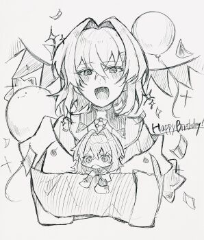 2girls :d balloon blush commentary_request confetti crossed_bangs dual_persona english_text greyscale hair_between_eyes hair_intakes happy_birthday hatching_(texture) highres komejirushi1021 linear_hatching long_bangs looking_at_viewer mandragora_(ange_katrina) medium_hair mini_person mini_person_on_arm minigirl monochrome multiple_girls nijisanji off_shoulder open_mouth sketch sleeves_past_fingers sleeves_past_wrists smile sparkle virtual_youtuber