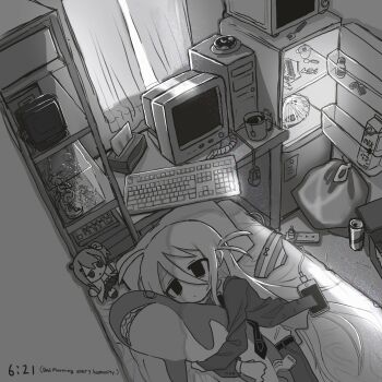 1girl absurdres commentary_request computer computer_keyboard crt cup donut drink_carton english_text engrish_text figure food fork fumo_(doll) greyscale hair_between_eyes highres ikea_shark indoors long_hair lying microwave milk_carton minifridge monitor monochrome mug muni_rice necktie original power_strip ranguage stuffed_animal stuffed_shark stuffed_toy table tea timestamp tissue_box trash_bag two_side_up