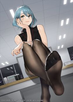 1girl aqua_hair artist_name brown_pantyhose copyright_name copyright_notice dead_or_alive dead_or_alive_xtreme dead_or_alive_xtreme_venus_vacation desk dutch_angle feet fine_fabric_emphasis foot_focus foot_out_of_frame from_below gradient_hair green_eyes hand_on_own_chin indoors jewelry lanyard legs looking_at_viewer monitor multicolored_hair night no_shoes office office_lady official_art on_desk pantyhose phone red_streaks second-party_source sitting skirt sleeveless sleeveless_turtleneck smile soles solo tamaki_(doa) toes turtleneck two-tone_hair watch watermark window wristwatch yomu_(sgt_epper)