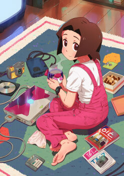 1girl amazake_arika barefoot brown_eyes brown_hair camera cd child closed_mouth computer cup drink feet female_focus floppy_disk from_behind highres holding holding_drink idfer laptop looking_at_viewer looking_back magazine_(object) medarot mug nape overalls pink_overalls rug sailor-multi shirt sitting soles solo steam toes watch white_shirt wooden_floor yokozuwari zip_disk
