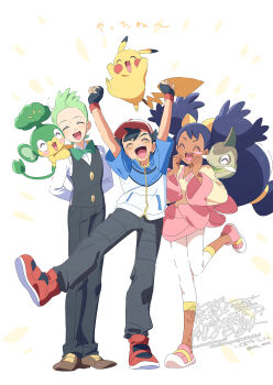 1girl 2boys ash_ketchum axew black_gloves black_hair black_pants black_vest cilan_(pokemon) clenched_hands closed_eyes dark-skinned_female dark_skin fingerless_gloves gen_1_pokemon gen_5_pokemon gloves green_hair highres iris_(pokemon) leg_up long_hair long_sleeves low-tied_long_hair multiple_boys nintendo on_shoulder open_mouth pansage pants pikachu pokemon pokemon_(anime) pokemon_(creature) pokemon_bw_(anime) pokemon_on_shoulder purple_hair serizawa_serizane shirt short_hair short_sleeves standing standing_on_one_leg teeth upper_teeth_only very_long_hair vest white_pants white_shirt