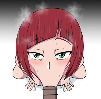 1girl :&gt;= absurdres artist_request bent_over breasts censored digimon digimon_beatbreak fellatio from_below full_body green_eyes hetero highres jacket lips looking_at_another looking_at_viewer motion_lines open_clothes open_jacket oral red_hair sakuya_reina small_breasts solo steaming_body sweat sweatdrop