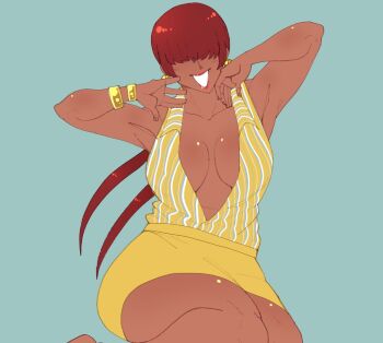 1girl 1shermieaday breasts curvy dark-skinned_female dark_skin dress earrings female_focus gold huge_breasts jewelry large_breasts long_hair marellartt no_bra ponytail red_hair shermie_(kof) skirt smile smiley_face tan the_king_of_fighters thick_thighs thighs twintails wide_hips