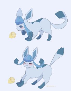blue_eyes blush closed_eyes commentary_request food fruit gen_4_pokemon glaceon highres lemon meme nintendo no_humans pokemon pokemon_(creature) simple_background sour_(taste) thour_(meme) tongue tongue_out white_background yuuri_(yr0471_0)