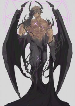 Rule 34 | 1boy, abs, alternate form, armlet, black hair, black skin, broken mask, collarbone, colored skin, crimzon ruze, cross scar, demon boy, demon horns, demon wings, earrings, eye mask, glowing scar, grey hair, highres, holostars, holostars english, horns, jewelry, large pectorals, looking at viewer, mask, multicolored hair, multiple horns, muscular, muscular male, navel, orenjimaru, parted lips, pectorals, pointy ears, scar, scar on arm, scar on chest, scar on leg, shoulder spikes, solo, spikes, stomach, tendril, veins, virtual youtuber, wings