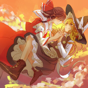 2girls bigreen black_hat black_skirt blonde_hair boots bow braid braided_sidelock brown_hair cloud commentary_request couple detached_sleeves flying frilled_hair_tubes frills hair_bow hair_tubes hakurei_reimu hat hat_bow highres holding_hands interlocked_fingers kirisame_marisa long_hair looking_at_another multiple_girls nontraditional_miko red_bow red_shirt red_skirt sarashi shirt skirt sky sleeveless sleeveless_shirt smile touhou white_bow white_shirt witch_hat yuri