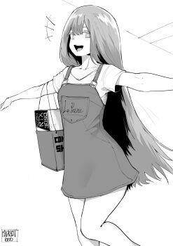 +++ 1girl artist_name bag clothes_writing commentary cowboy_shot dress english_commentary flat_chest geforce_rtx_3090 graphics_card greyscale happy highres long_hair melissa_renata monochrome norman_maggot nvidia open_mouth original outstretched_arms running shopping_bag short_sleeves simple_background smile solo teeth upper_teeth_only very_long_hair white_background