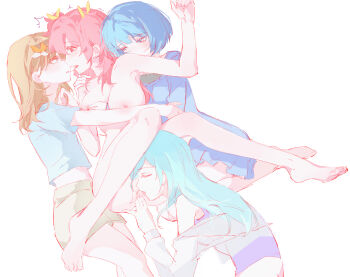 4girls absurdres after_kiss arupa barefoot blue_dress blue_eyes blue_hair blue_shirt blush breasts closed_eyes clothed_female_nude_female commentary_request completely_nude cunnilingus dress fff_threesome fingering flower grabbing_another&#039;s_breast grey_shorts groping group_sex hair_flower hair_ornament hanasato_minori hand_on_another&#039;s_shoulder highres hinomori_shizuku kiritani_haruka large_breasts long_hair momoi_airi multiple_girls nipples nude oral orange_hair pink_hair project_sekai pussy_juice saliva saliva_trail shirt short_hair short_sleeves shorts simple_background striped_clothes striped_shirt threesome two_side_up uncensored vaginal white_background yuri