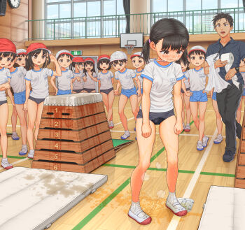 ^^^ absurdres bare_legs black_hair bloomers brown_eyes crying crying_with_eyes_open full_body gym_uniform hair_tie highres humiliation indoors name_tag onlookers original pee peeing peeing_self puddle shirt shoes short_hair short_sleeves short_twintails standing tears textless_version trembling twintails underwear uwabaki vaulting_horse white_shirt yawamugi