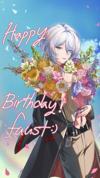 1girl alternate_costume belt black_jacket blue_eyes blue_flower blue_sky bouquet character_name commentary english_commentary falling_petals faust_(project_moon) flower grey_pants happy_birthday highres holding holding_bouquet jacket jacket_on_shoulders limbus_company looking_at_viewer outdoors pants parted_lips petals pink_lips pink_petals project_moon sky smile solo standing white_flower white_hair yellow_flower zerobig