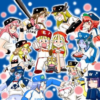 Rule 34 | 6+girls, 95-tan, astaroth (shinrabanshou), azuki osamitsu, bad id, bad pixiv id, baseball, baseball bat, baseball cap, baseball uniform, black sclera, blonde hair, blue skin, blush, byakko (nijiura maids), character request, chiba lotte marines, chibi, chunichi dragons, clothes writing, colored sclera, colored skin, daiginjou, dragon horns, fang, fukuoka softbank hawks, futaba channel, genbu (nijiura maids), glasses, gloves, hanshin tigers, harpy, hat, hiroshima touyou carp, hokkaido nippon-ham fighters, horns, kiri-san, kirin (nijiura maids), kouryuu (nijiura maids), kunkun, la pucelle, looking at viewer, lowres, monster girl, multiple girls, nijiura maids, nippon professional baseball, opaque glasses, orix buffaloes, os-tan, prier, saitama seibu lions, seiryuu (nijiura maids), shinku, shinrabanshou, single horn, smile, sportswear, suzaku (nijiura maids), taiyou whales, tiger, tokyo yakult swallows, touhoku rakuten golden eagles, white tiger, yomiuri giants