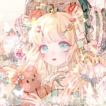 1girl animal_ears bare_shoulders bcy_username bear_ears bear_hair_ornament blonde_hair bonnet bow bug butterfly chinese_commentary choker commentary_request criss-cross_straps dated english_text eyelashes eyeshadow flower flower_in_eye frilled_choker frilled_shirt frilled_wrist_cuffs frills green_bow green_eyes green_headwear green_shirt hair_bow hair_flower hair_ornament hairclip heart heart_hair_ornament heart_on_cheek heart_print holding holding_stuffed_toy insect lace-trimmed_headwear lace_trim light_brown_hair light_smile lipstick long_hair looking_at_viewer makeup marking_on_cheek mioda_xi mixed-language_text multiple_hair_bows nail_polish off-shoulder_shirt off_shoulder original parted_lips pink_eyeshadow pink_flower pink_nails pink_rose red_lips rose sample_watermark shirt skirt solo sparkling_eyes striped_bow striped_clothes striped_shirt stuffed_animal stuffed_toy symbol_in_eye teddy_bear teeth too_many_watermarks upper_body upper_teeth_only vertical-striped_clothes vertical-striped_shirt watermark weibo_watermark weibo_watermark white_background white_bow white_choker white_wrist_cuffs wrist_cuffs