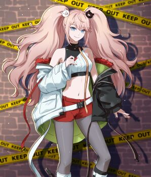 1girl alternate_costume bare_shoulders bear_hair_ornament belt black_jacket blue_eyes boots closed_mouth commentary crop_top danganronpa:_trigger_happy_havoc danganronpa_(series) deadman70232800 drop_shadow enoshima_junko eyelashes feet_out_of_frame fingernails grey_pantyhose hair_ornament hand_up highres jacket jacket_partially_removed long_fingernails long_hair looking_at_viewer multicolored_jacket nail_polish navel open_clothes open_jacket pantyhose pink_hair red_nails red_shorts shorts sidelocks smile solo standing stomach streetwear swept_bangs twintails two-tone_jacket very_long_hair white_belt white_boots white_hair