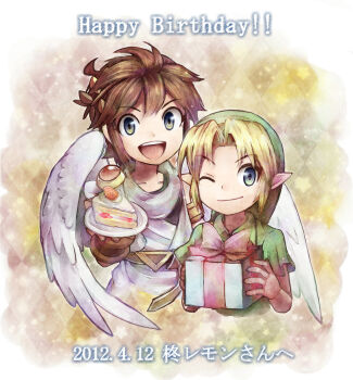 2boys :d ;) angel angel_wings azumi_(tks-sd) blonde_hair blue_eyes box brown_hair cake cake_slice collared_shirt commentary_request cropped_torso curtained_hair feathered_wings food gift gift_box green_hat green_shirt happy_birthday hat holding holding_gift holding_plate kid_icarus link looking_at_viewer male_focus multiple_boys nintendo one_eye_closed open_mouth pit_(kid_icarus) plate pointy_ears shirt short_hair short_sleeves smile strawberry_cake teeth the_legend_of_zelda translation_request tunic upper_teeth_only white_wings wings