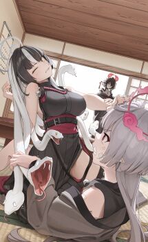 3girls absurdres architecture azami_(blue_archive) black_kimono blue_archive commentary east_asian_architecture expressionless gauze gauze_on_cheek gauze_on_face girl_on_top goth_fashion grabbing_another&#039;s_hair grey_halo grey_kimono grey_sleeves hair_ornament hair_stick halo highres holding_another&#039;s_hair indoors japanese_clothes kimono kokuriko_(blue_archive) korean_commentary lying multicolored_hair multiple_girls on_back pink_hair pointy_ears red_halo revision samgong shaded_face shouji shuro_(blue_archive) sleeveless sleeveless_kimono sliding_doors snake snake_hair spider_web_pattern two-tone_hair white_snake