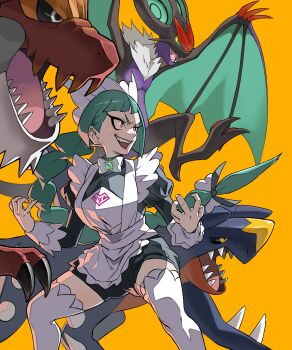 1girl absurdres apron asdf_4532 bat_(animal) black_romper black_sclera bow bowtie braid braided_ponytail claws colored_sclera dinosaur dragon evil_grin evil_smile fangs garchomp gen_4_pokemon gen_6_pokemon green_hair grin highres lebanne_(pokemon) long_hair long_sleeves maid maid_apron maid_headdress mega_stone nintendo noivern open_mouth pokemon pokemon_(creature) pokemon_legends:_z-a puffy_sleeves red_eyes romper sharp_teeth simple_background smile spikes teeth thighhighs tyrantrum white_bow white_bowtie white_thighhighs wyvern yellow_eyes yellow_sclera