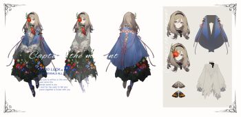 Rule 34 | 1girl, absurdres, black hairband, black skirt, blue cape, blue flower, brown hair, bug, cape, expressionless, flower, grey eyes, hairband, highres, insect, long hair, long skirt, long sleeves, moth, one eye covered, orange flower, original, pink flower, purple socks, red flower, reference sheet, shen a fang, shirt, shoes, skirt, socks, torn clothes, torn skirt, two-sided fabric, variations, watermark, white shirt