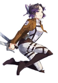 1girl alternate_costume belt boots brown_boots brown_jacket butterfly_hair_ornament crossover dual_wielding full_body hair_ornament highres holding holding_sword holding_weapon jacket kimetsu_no_yaiba knee_boots kneeling kochou_shinobu pants paradis_military_uniform purple_eyes purple_hair shingeki_no_kyojin shinishi_chiho shirt short_hair signature simple_background smile solo sword thigh_belt thigh_strap weapon white_background white_pants white_shirt