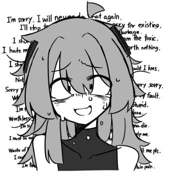 1boy ahoge artist_self-insert covered_collarbone english_text greyscale long_hair looking_at_viewer male_focus monochrome nervous_smile nervous_sweating open_mouth original simple_background skkazu1 smile solo sweat upper_body