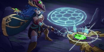 Rule 34 | 1girl, absurdres, armband, armor, armored boots, bandages, belt, blue hair, boots, breasts, cape, cavern, commentary, commission, dang (runescape), duellist's cap (tier 6), english commentary, fingerless gloves, full body, gladiator, gloves, glowing hat, glowing symbol, gold trim, grace sunny13, green belt, green cape, hat, highres, holding, holding staff, leotard, long hair, mage staff, medium breasts, old school runescape, orange eyes, original, pebble, poleyn, red leotard, runescape, second-party source, solo, spiked ear piercing, staff, staff of armadyl (runescape), standing, sun symbol, thick eyebrows, weapon, yellow eyes