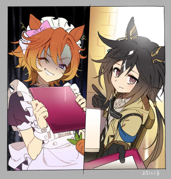 2girls animal_ears black_gloves black_hair ck_switch_sc dated embarrassed gloves gradient_hair highres horse_ears horse_girl looking_at_viewer low_ponytail maid_headdress multicolored_hair multiple_girls orange_hair ponytail purple_eyes shy smile stay_gold_(umamusume) t.m._opera_o_(umamusume) umamusume