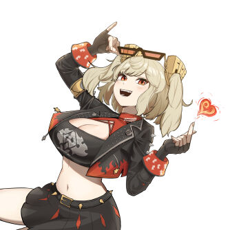 1girl absurdres adjusting_eyewear belted_skirt black_gloves black_jacket black_skirt black_tube_top blonde_hair blush breasts burnice_white cleavage commentary crop_top english_commentary eyewear_on_head finger_heart fingerless_gloves fire gloves heart highres jacket large_breasts looking_at_viewer midriff navel open_mouth orange-tinted_eyewear red_eyes shadow short_twintails simple_background skirt solo spiked_belt spiked_jacket strapless sunglasses tinted_eyewear tube_top twintails user_ssrr3783 white_background zenless_zone_zero