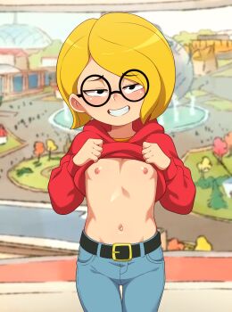 1girl belt black-framed_eyewear black_belt black_eyes blonde_hair blue_pants breasts clenched_teeth closed_mouth clothes_lift denim exhibitionism glasses grin harriet_m._welsch harriet_the_spy highres hood hooded_jacket jacket jacket_lift jeans lifting_own_clothes loli looking_at_viewer naughty_face navel nipples pants public_indecency red_jacket round_eyewear short_hair small_breasts smile solo teeth toon_(style) uroboros_(dhmv3484)